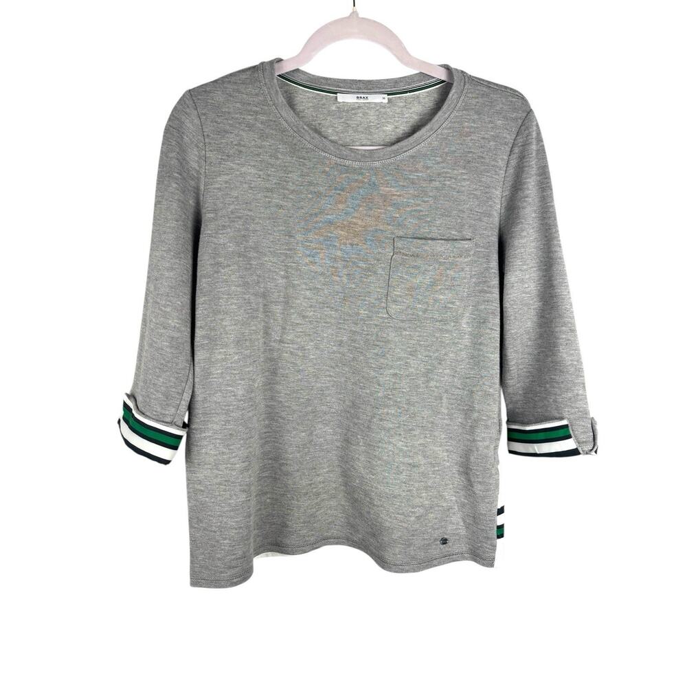 Brax Striped Grey Green Blue Ruffle Cuffed Crew Top 36 Cotton‎ - Picture 4 of 11
